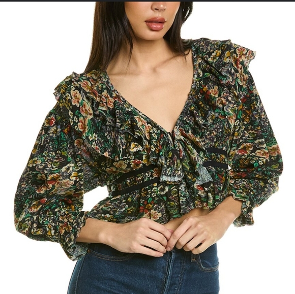 NWOT Free People Rudi Ruffle Top In Green & Black Long Sleeve Cropped Size XS - Picture 1 of 16